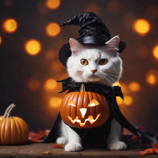 A white feline dressed in a witch costume holding a pumpkin in its paws