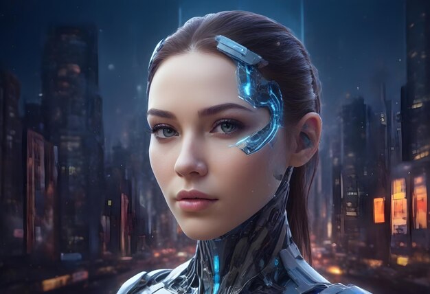 White female cyborg with green eyes blonde hair and visible mechanical parts on her face