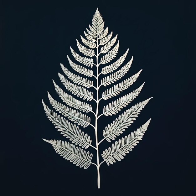 A white fern leaf on a black background