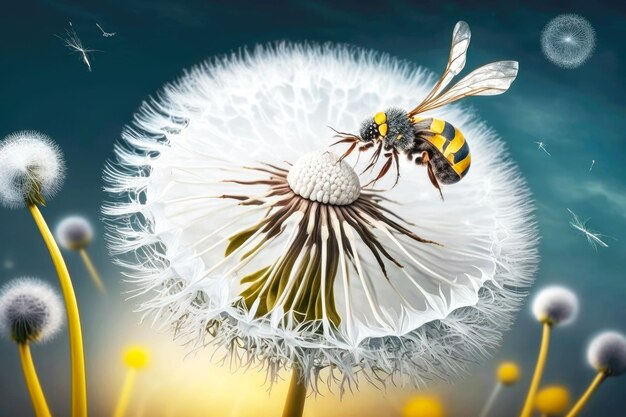 White field with yellow flower and flying seeds of dandelion in nature generative ai