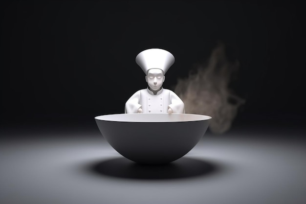 하얀 요리사의 모습이 증기가 나오는 그릇에 앉아 있습니다.