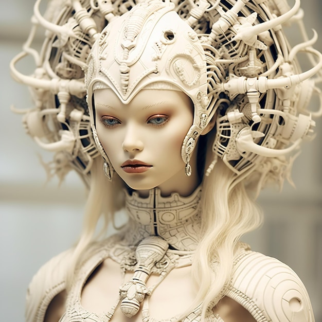 A white figurine of a female robot with a crown and horns