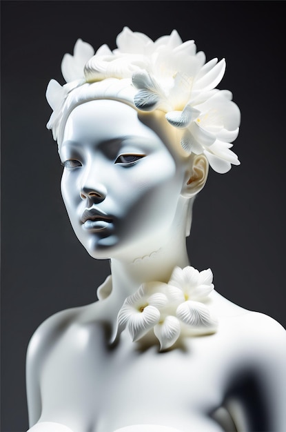 A white figurine of a woman with a flower on her head.