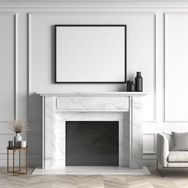 a white fireplace with a picture frame on the mantle and a chair generative ai