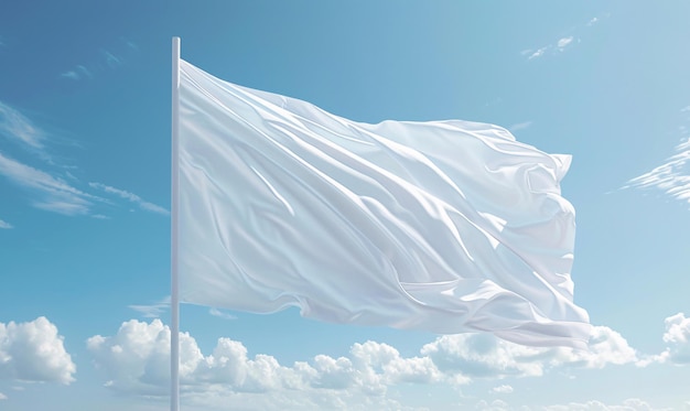 White flag blank waving in a mockup template with a blue clear sky with some clouds