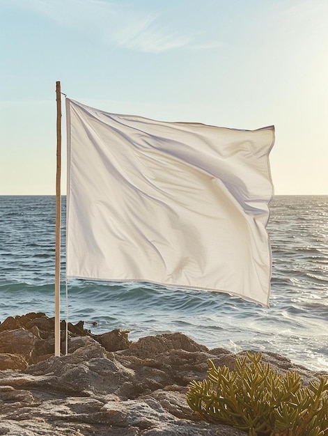 Photo a white flag on a rocky beach next to the ocean