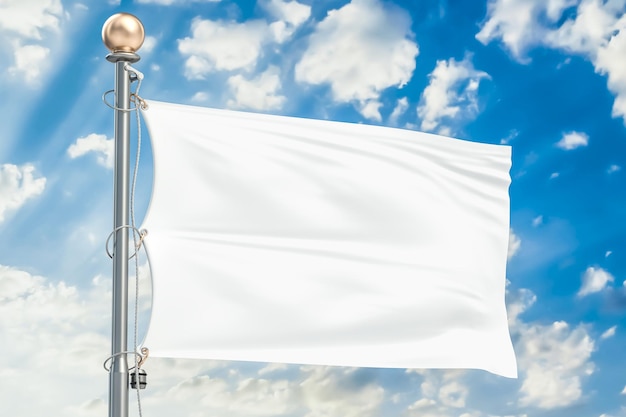写真 青い雲の空に白い旗が振る 3d レンダリング