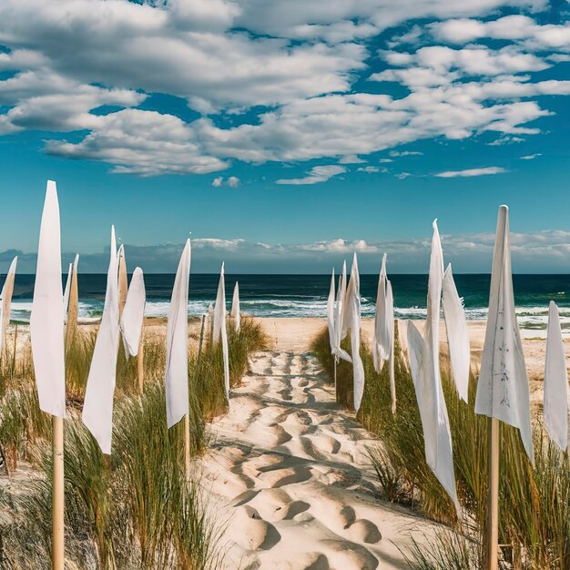 White flags on the beach