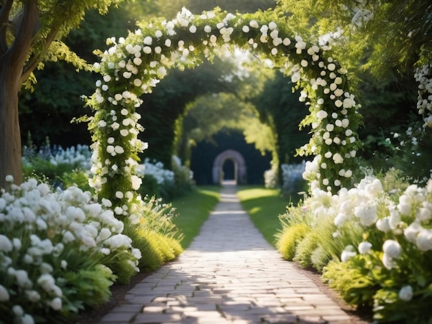 A white floral archway leading to an open garden