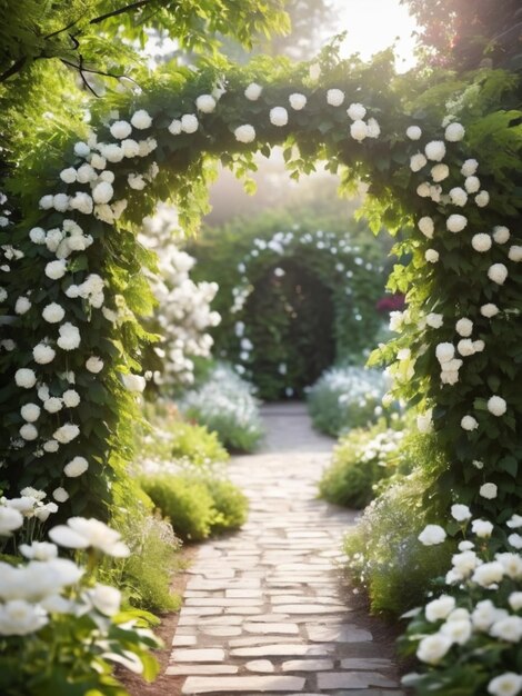 オープンな庭園につながる白い花のアーチ