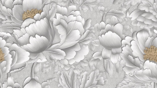 A white floral wallpaper with a gold leaf in the middle.