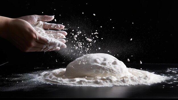 White flour flies in air on black background pastry chef claps hands and prepares yeast dough for pizza pasta