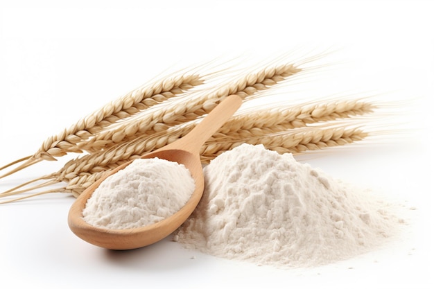 white flour in wooden scoop and bundle of wheat spikes isolated on white