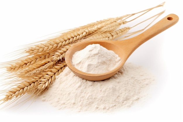 white flour in wooden scoop and bundle of wheat spikes isolated on white