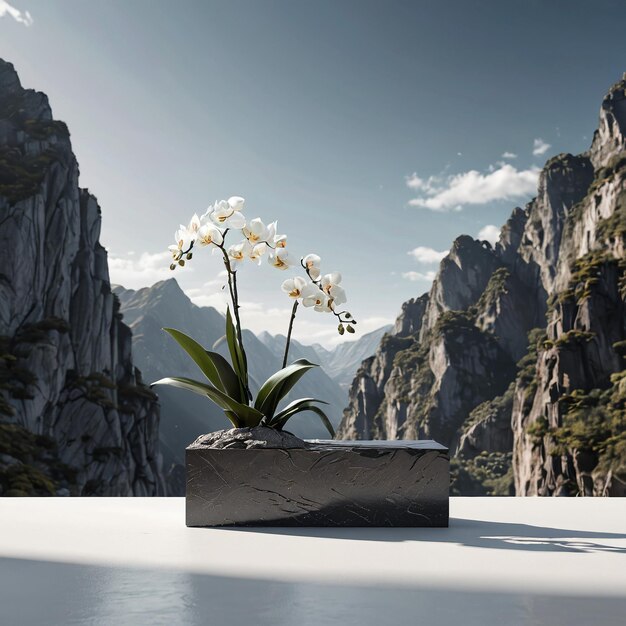 a white flower in a black pot on a table