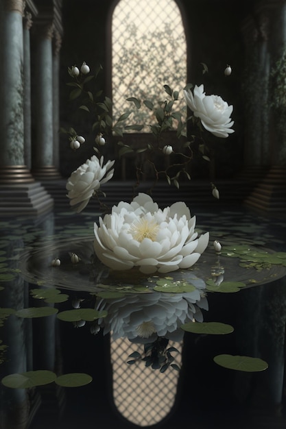 White flower floating on top of a pond of water generative ai