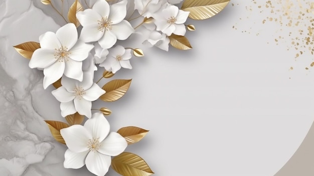 White flower and golden leaves circle frame marble Generative AI