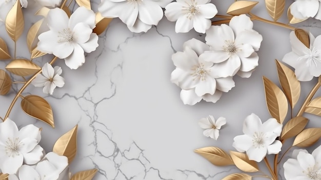 White flower and golden leaves circle frame marble Generative AI