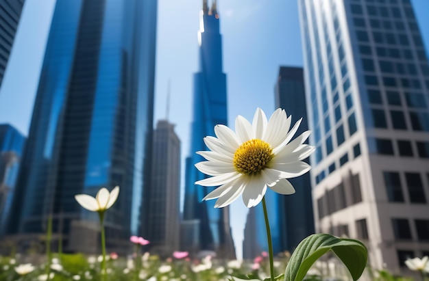 A white flower is in a field next to a city