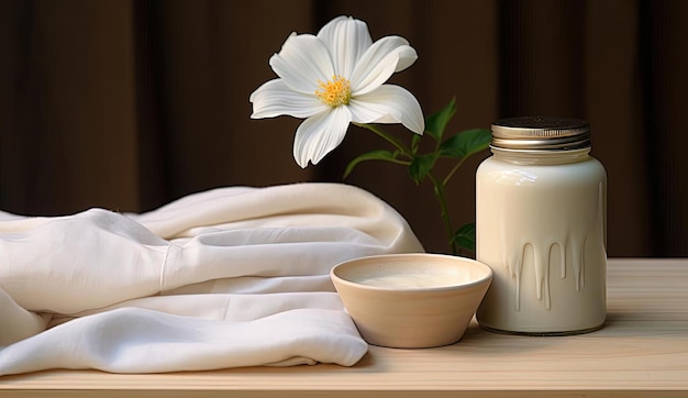 a white flower and jar of natural cosmetic butter set next to a towel