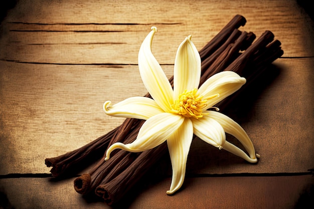 Photo white flower lies on dry vanilla beans on wooden background