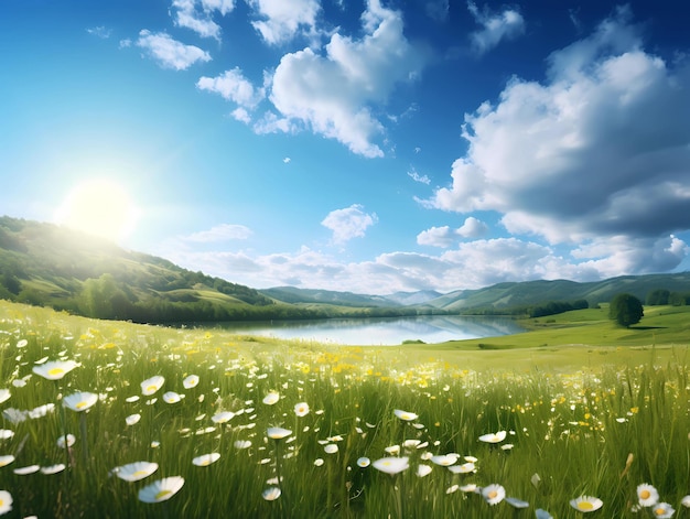 White flower meadow landscape with beautiful vista