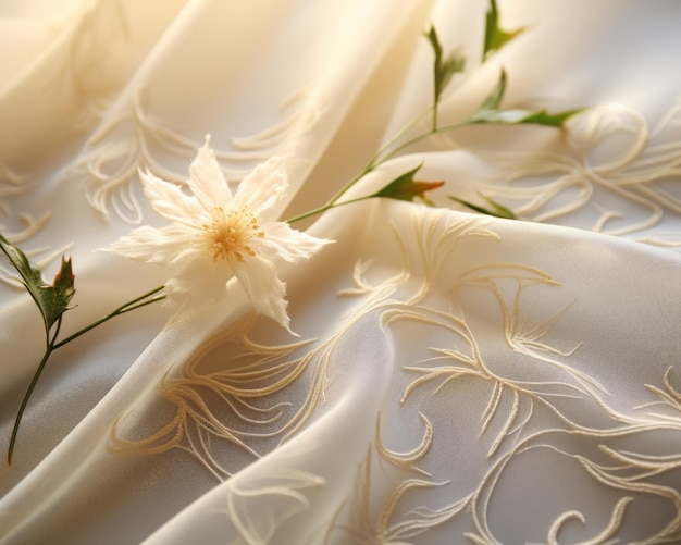 a white flower sits on top of a white fabric