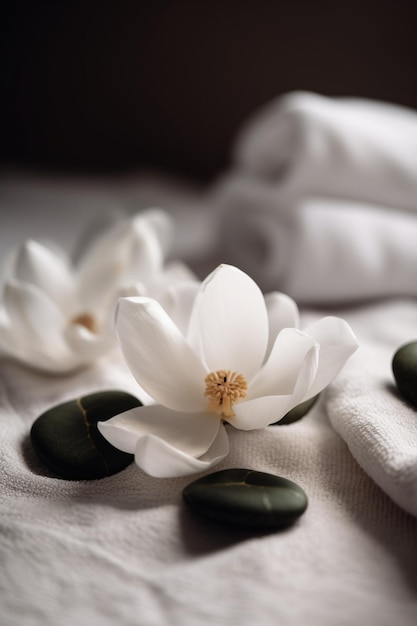 A white flower sits on a white towel next to a white flower.