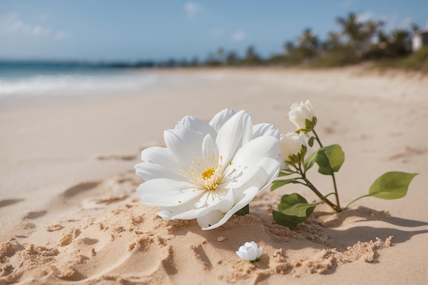 White flower sitting on top of a sandy beach