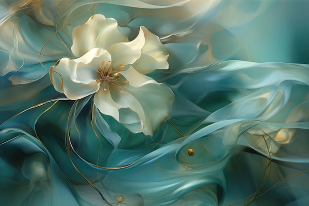 white flower on teal silk