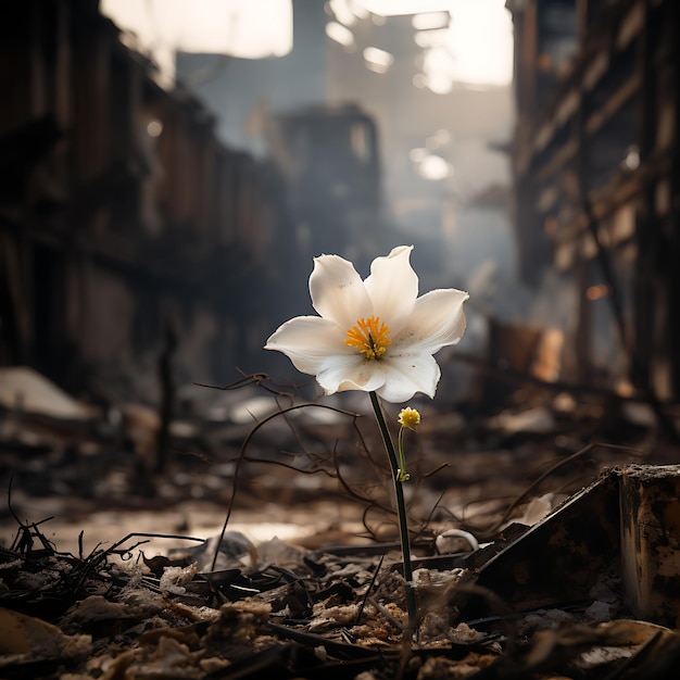 Photo white flower in war zone