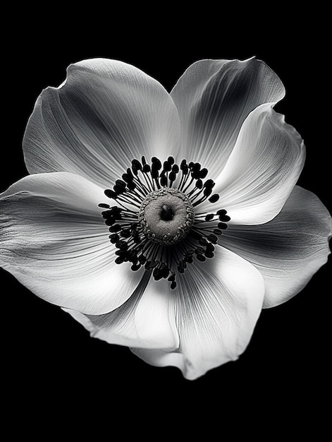 A white flower with a black background and the white petal has a black background.