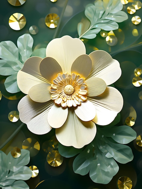 a white flower with a gold center surrounded by green leaves Illustration of a Chartreuse color