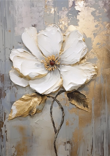 A white flower with gold leaves and a red stone on the bottom.