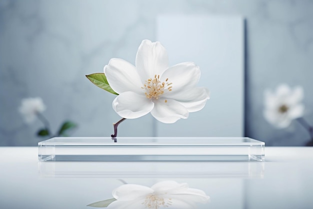 A white flower with a green leaf on it sits on a glass table.