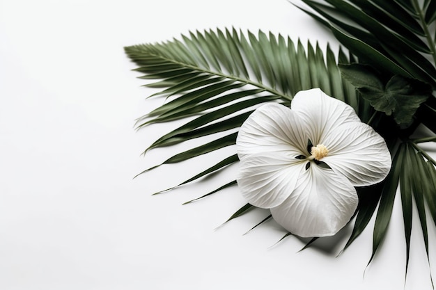 A white flower with a green leaf on a white background