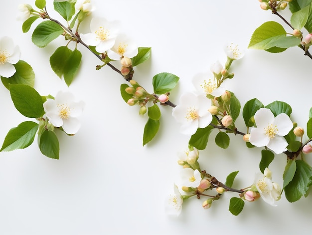 White flower with green leaves is on a white background