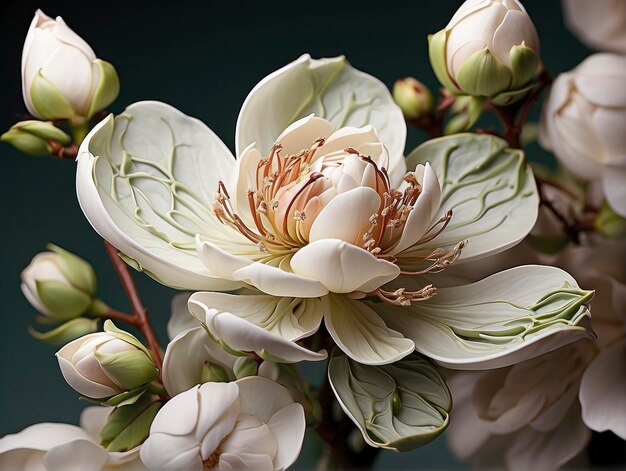 a white flower with green leaves on a stem with buds and leaves