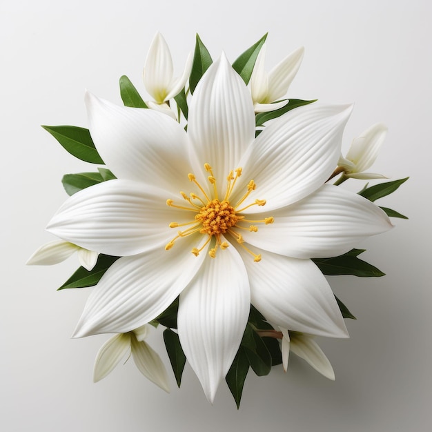 白い 背景 に 緑 の 葉 を 付け た 白い 花