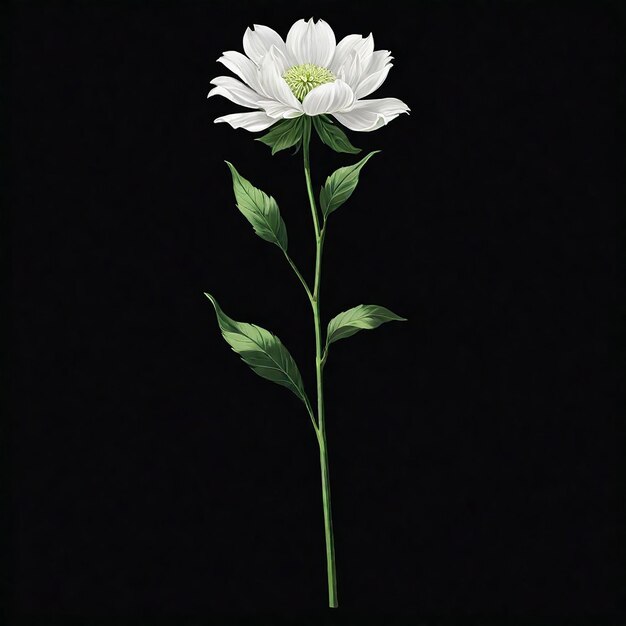 White flower with multiple petals and green leaves on a single stem