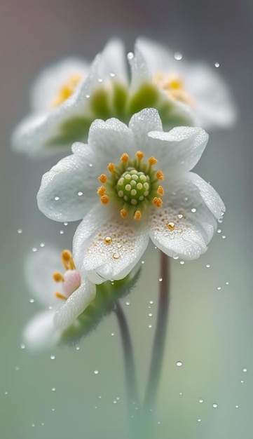 A white flower with a yellow center and a green center.