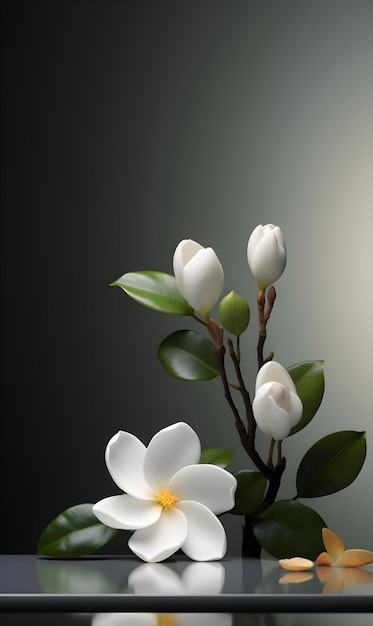 A white flower with a yellow center is on a branch.