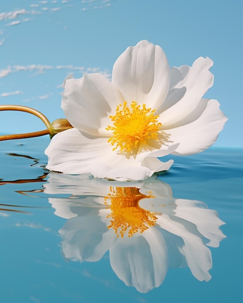 A white flower with a yellow center is reflected in a reflective surface