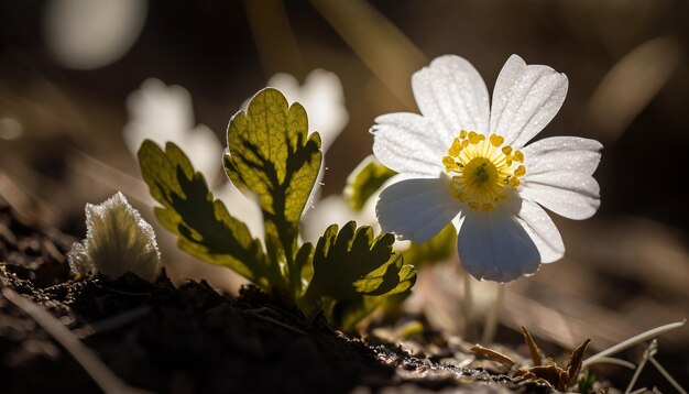 A white flower with a yellow center is surrounded by the sun