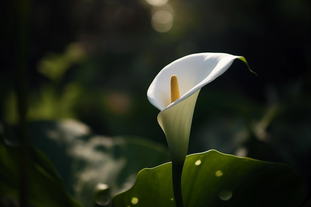 A white flower with a yellow center sits in a pond.