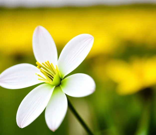 A white flower with yellow center with blurred background