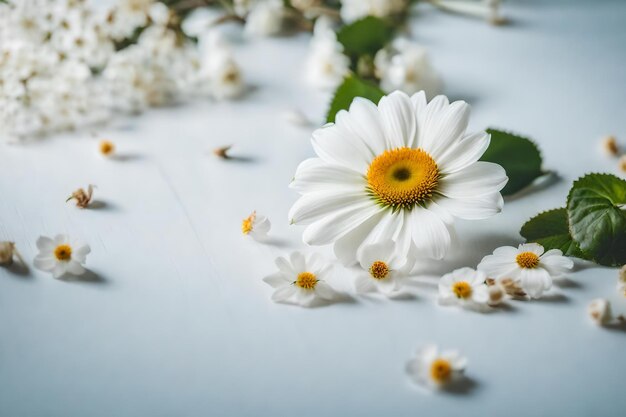 A white flower with yellow and orange petals on a table