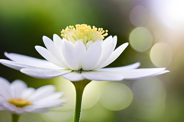 A white flower with yellow petals and the word