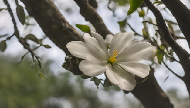 黄色い茎を持つ白い花が木にいています