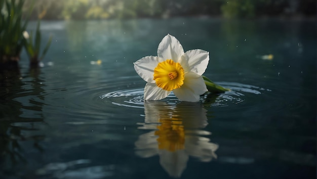 a white flower with yellow and white petals floating in the water